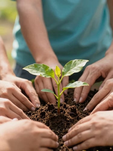 Close-up of diverse hands planting a young green sapling in rich dark soil, warm golden sunlight filtering through leaves, hopeful community action, 35mm