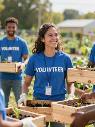 Young diverse volunteers smiling and working together in a sunny community garden, holding wooden planting boxes, warm natural light, 35mm