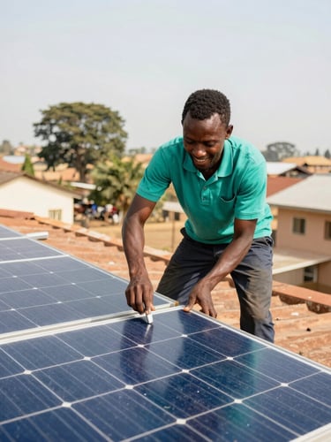 Local technician in Ghana installing a solar panel on a community roof, bright natural daylight, hopeful atmosphere, 35mm