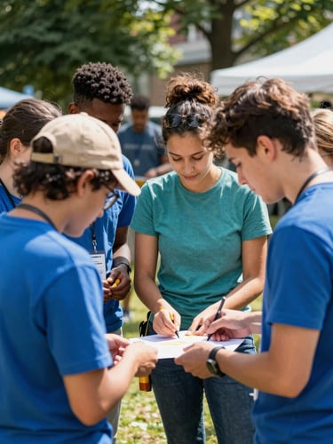 Warm environmental photo of diverse young people collaborating on a community project in Germany, bright natural daylight, hopeful atmosphere, 35mm