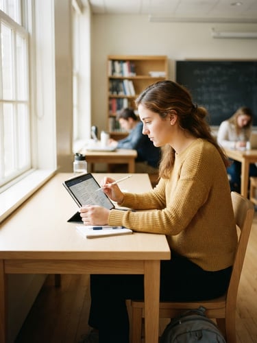 A focused student in a bright classroom using a tablet, warm natural light from a large window, clean academic setting, professional 35mm.