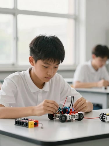 Bright editorial photography of a high school student working with a robotics kit in a sunlit laboratory, natural daylight, professional 35mm