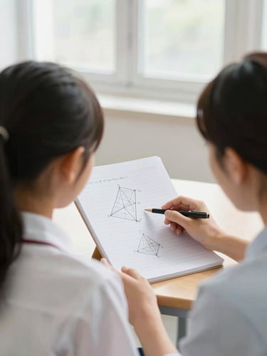 Over-the-shoulder shot of a tutor guiding a young student, pointing at a neat hand-drawn geometric proof on a workbook, warm editorial photography, bright natural window light, clean classroom setting, soft focused tones, shallow depth of field, 35mm