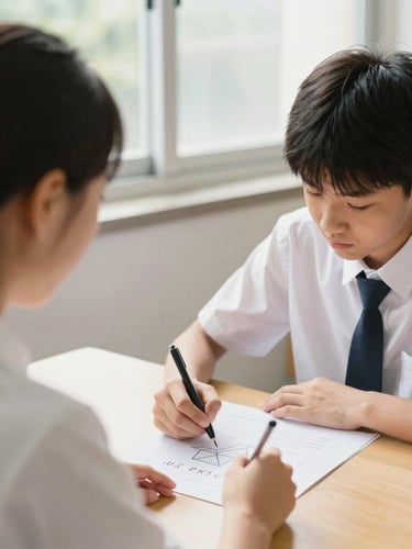Over-the-shoulder shot of a tutor guiding a high school student through a geometric proof on paper, warm natural daylight from a classroom window, soft focus