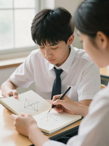 Over-the-shoulder shot of a tutor and high school student analyzing a hand-drawn geometric proof on a notebook, warm natural window light, soft focus, 35mm photography.