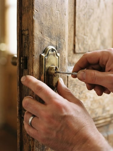 Close-up of hands precisely adjusting a brass lock cylinder on a wooden door, warm natural daylight, shallow depth of field, 35mm