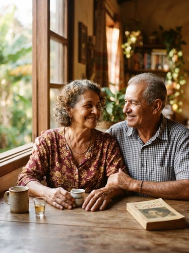 Warm environmental portrait of an older Brazilian couple sitting by a sunlit window, smiling thoughtfully, soft natural light, shallow depth of field, 35mm photography