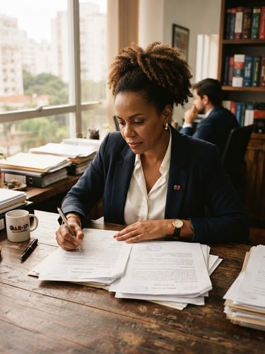 Environmental portrait of a Brazilian lawyer reviewing physical documents at a wooden table, warm natural window light, shallow depth of field, 35mm