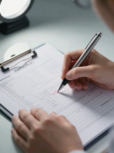 Extreme close-up of a nurse's hands annotating a complex clinical chart on a desk under sharp studio work light, pen mid-stroke, dense data visible on the page