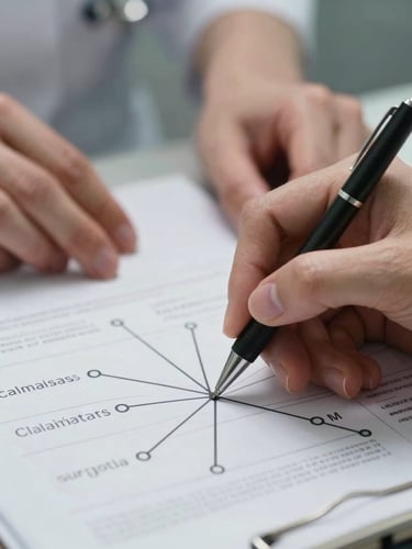 Extreme close-up of a nurse's hands tracing a printed clinical pathway diagram under sharp studio work lighting, pen tip resting on a decision node, clinical worksheet texture visible, no faces