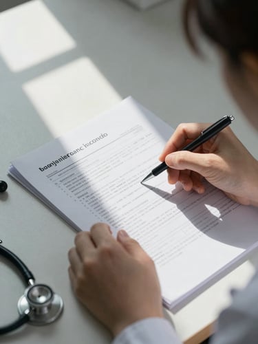 Close-up overhead shot of a nurse's hands reviewing detailed clinical assessment notes on a desk under sharp studio work lighting, a stethoscope resting at the edge of frame, clinical daylight from a narrow window casting a precise shadow across the documents