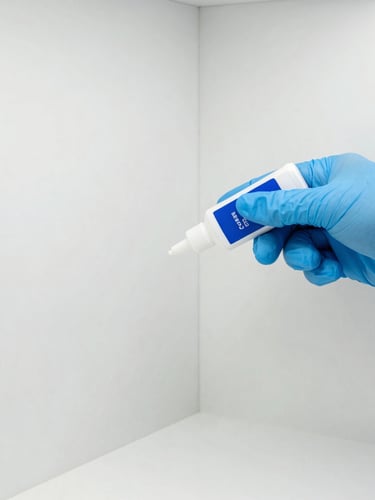 A close-up of a technician's hand wearing a protective blue glove, applying a precise dot of odorless pest gel in a clean cabinet corner, bright daylight.