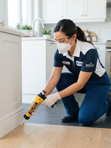 A professional technician wearing a clean blue and white uniform and protective mask, precisely applying odorless gel treatment in a bright, modern kitchen.