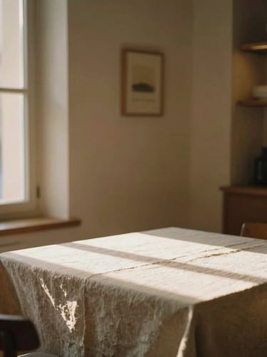 A serene, minimalist European boutique hotel interior during golden hour, soft directional light casting long shadows on a linen-covered table, warm editorial tone, 35mm film aesthetic.