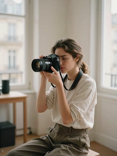 An environmental portrait of a female photographer with a camera, sitting in a sunlit Parisian studio, soft natural light, warm neutral tones, 35mm film aesthetic.