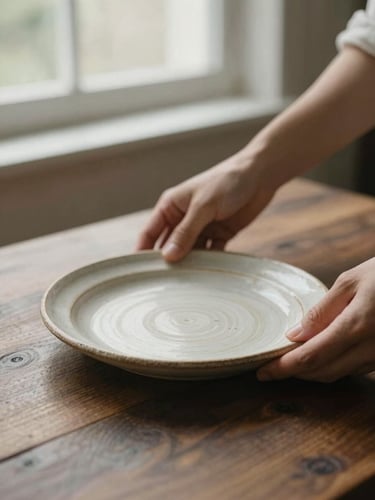 Close-up of hands arranging a rustic ceramic plate on a dark wooden table, soft side-lit window light, shallow depth of field, warm earthy tones.