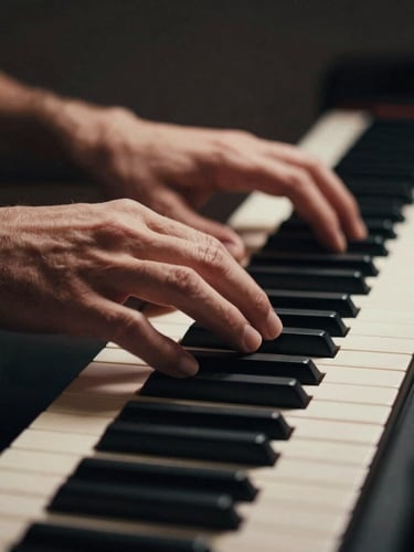 Close-up of a skilled pianist's hands, fingers poised above the keys, dramatic side-lighting catching the contours of the hands and the texture of the piano, deep charcoal background, 35mm.