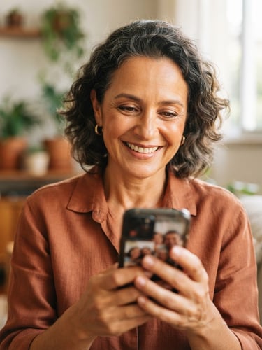Close-up of a smiling mature Brazilian woman holding a smartphone in warm, natural daylight, looking happy and relieved, shallow depth of field, 35mm