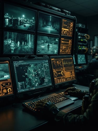 Low-key tactical photography of professional monitoring screens in a dark control room, showing cool night-vision feeds with a sharp amber interface glow, high-contrast cinematic lighting