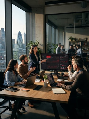Equipo de marketing colaborando en una oficina moderna con iluminación de ventana, mostrando pantallas con métricas y gráficos, con un toque de acento rojo sutil en la pantalla.