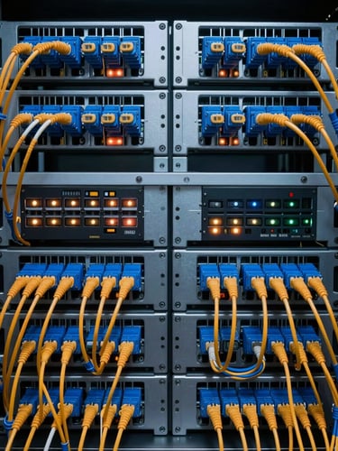 Symmetrical straight-on macro photograph of an immaculately organized enterprise server rack, neat blue and orange fiber optic cabling, active status lights, cool technical lighting.