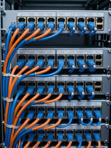 Straight-on macro shot of perfectly structured network cabling inside an enterprise server rack, immaculate cable management with blue and orange wires, clean zip ties, labeled ports