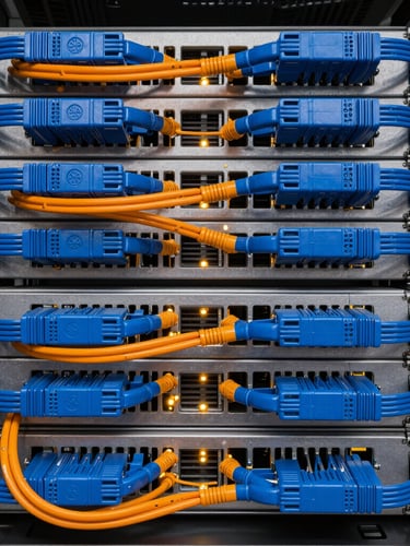 Straight-on symmetrical macro shot of an enterprise server rack with immaculately structured blue and orange cabling, perfect bend radii, active status lights.