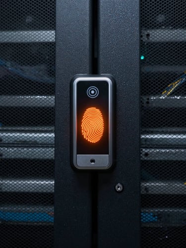 Symmetrical close-up of a secure server rack door with an integrated biometric fingerprint scanner glowing orange, pristine cable management visible behind glass.