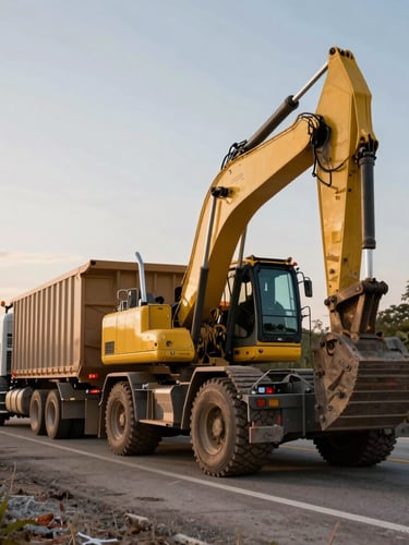 A massive heavy-haul truck loaded with a large yellow excavator at dawn on an active Florida highway job site, low-angle shot