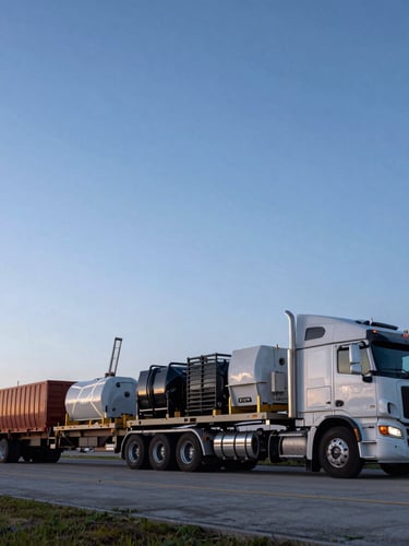 Low-angle wide-lens shot of a massive multi-axle heavy-haul trailer carrying industrial equipment at dawn, harsh blue hour lighting, Tampa port cranes in the background.