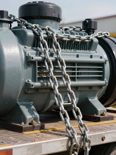 Close-up macro shot of heavy-duty steel tie-downs and massive tension chains securing a heavy industrial generator onto a flatbed trailer, harsh midday sun.