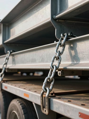 Close-up macro shot of heavy-duty steel tie-downs and tension chains securing a massive steel structure to a multi-axle flatbed trailer, harsh morning light
