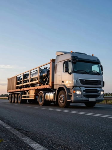 Low-angle wide-lens shot of a massive multi-axle heavy transport truck carrying industrial machinery, harsh morning blue hour light, highway asphalt foreground