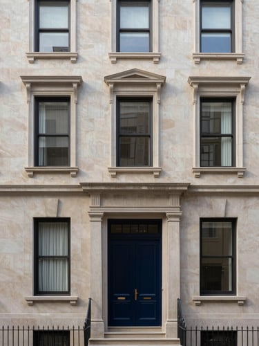 Straight-on architectural elevation of a classic Brooklyn brownstone facade in crisp morning daylight, soft limestone tones, 35mm lens