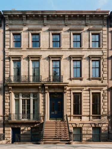 Straight-on architectural elevation of a historic limestone brownstone facade in New York, crisp morning daylight, sharp shadows, elegant editorial framing