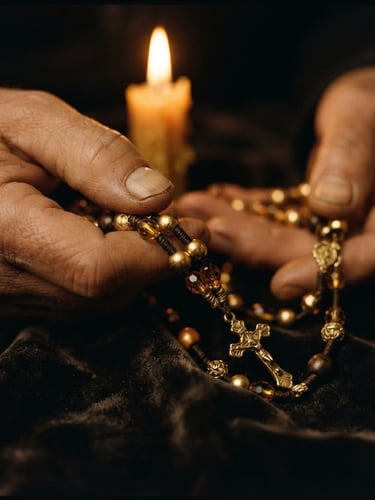 Extreme close-up of hands holding golden sacred beads (guias) over a dark velvet surface, warm flickering candlelight, golden and amber tones, shallow depth of field, 35mm