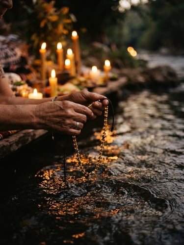 Warm spiritual photography of hands holding golden sacred guias beads over fresh river water, warm flickering candlelight, deep amber tones, shallow depth of field, 35mm