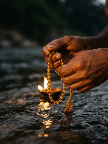 Extreme close-up of hands holding sacred golden beads over fresh river water, warm flickering candlelight, deep amber tones, shallow depth of field, 35mm
