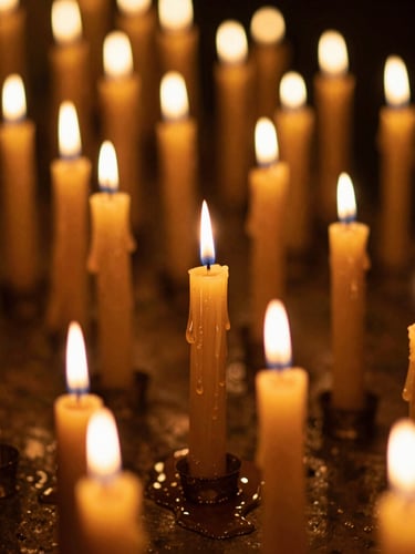Dramatic close-up of golden candles burning on a dark altar, honey dripping slowly, rich shadows, warm flickering light, 35mm