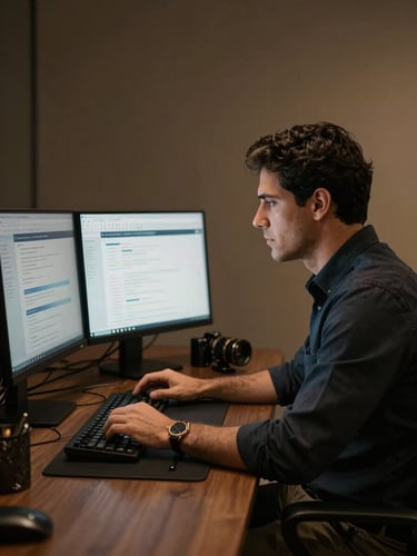 Rodrigo Aguiar in high-authority corporate environment, analyzing workflows on dual screens, low-key dramatic lighting, dark matte background with warm gold undertones, sharp focus.