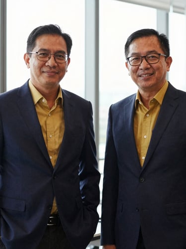 Professional editorial portrait of founders Paulus Alfret SH and Benny Mardiyawan SE in a corporate office setting, natural window light, deep navy and warm gold tones, sharp focus, 35mm