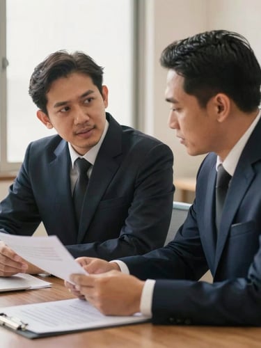 Dua profesional pria, satu ahli hukum menggunakan setelan jas formal dan satu ahli keuangan, berdiskusi serius di meja kantor dengan dokumen polis asuransi tersebar, pencahayaan alami jendela, hangat dan berwibawa