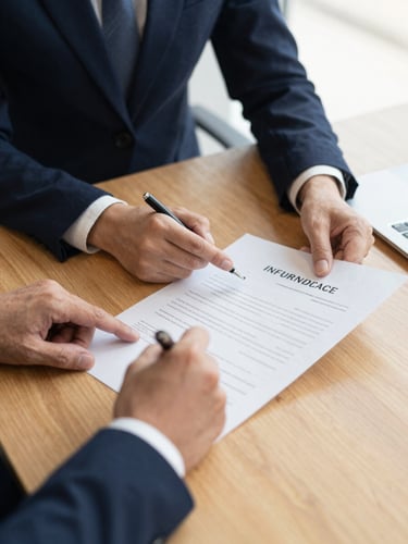 Hands of professional consultants reviewing insurance claim documents and contracts on a wooden table, soft natural office lighting, 35mm