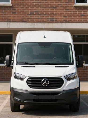 A straight-on architectural view of an unmarked, clean white transport vehicle parked outside a brick building in Alexandria, clear daytime lighting.