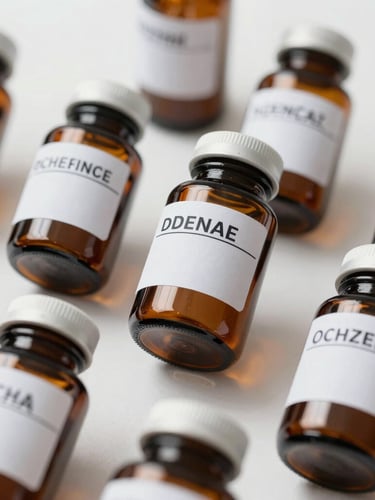 A close-up flat-lay of laboratory-style batch labels on clean, amber glass apothecary jars, bright even daylight, clinical and orderly.
