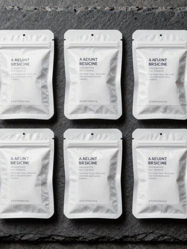 A straight-on, architectural flat-lay of secure, batch-certified apothecary packaging on a dark slate surface, bright neutral daylight.