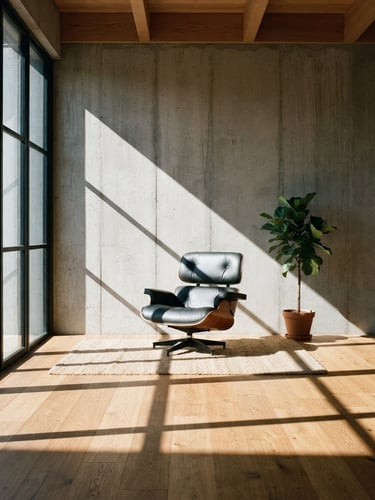 Straight-on architectural elevation of a sun-drenched concrete apartment interior, sharp window-frame shadows on warm oak floors, minimalist mid-century chair, 35mm photography.