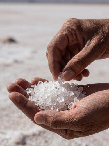 Close-up macro shot of raw lithium salt crystals glistening in a worker's calloused hands, harsh midday desert sun, high contrast, Chile salt flats visible in the soft-focus background.