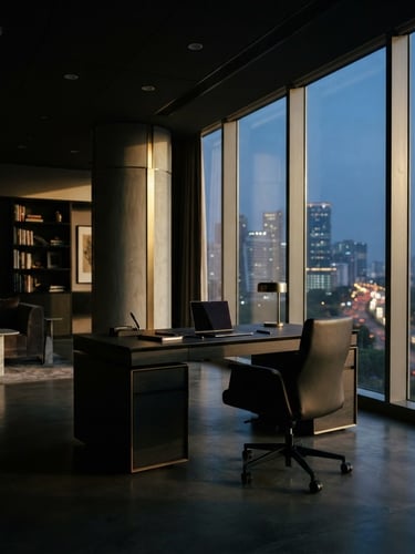 Wide environmental shot of a sophisticated, empty workspace in a modern Indian financial hub, low-key dramatic side-lighting, deep charcoal and gold tones, shallow depth of field, 35mm.