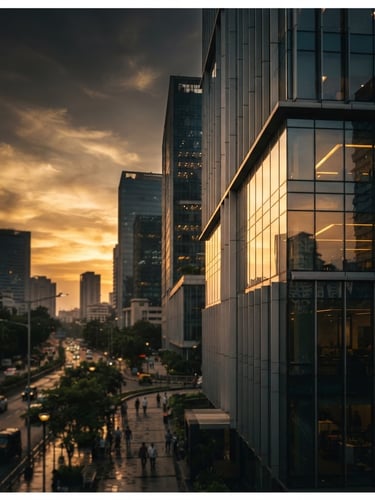 Wide shot of a modern Indian financial district at golden hour, architectural details of a glass building reflecting the sky, low horizon, with a subtle focus on a corner of the building on the right, low-key dramatic side-lighting, deep charcoal and gold tones, shallow depth of field.